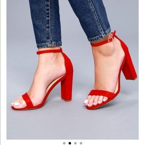 Lulu’s Red Taylor Suede Ankle Strap Heels